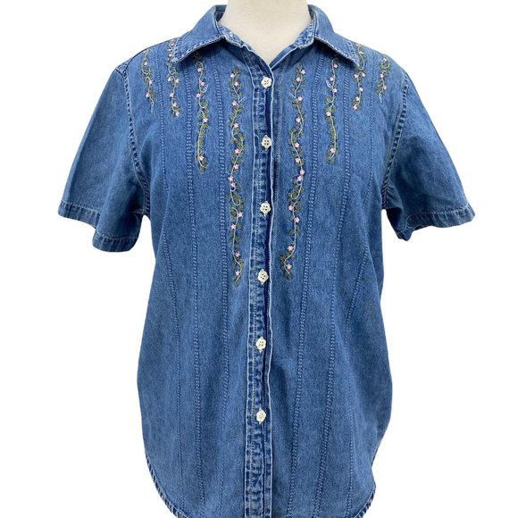 Solutions Original Short Sleeve Floral Embroidery Denim Shirt Blue Cotton Top M - Picture 1 of 6